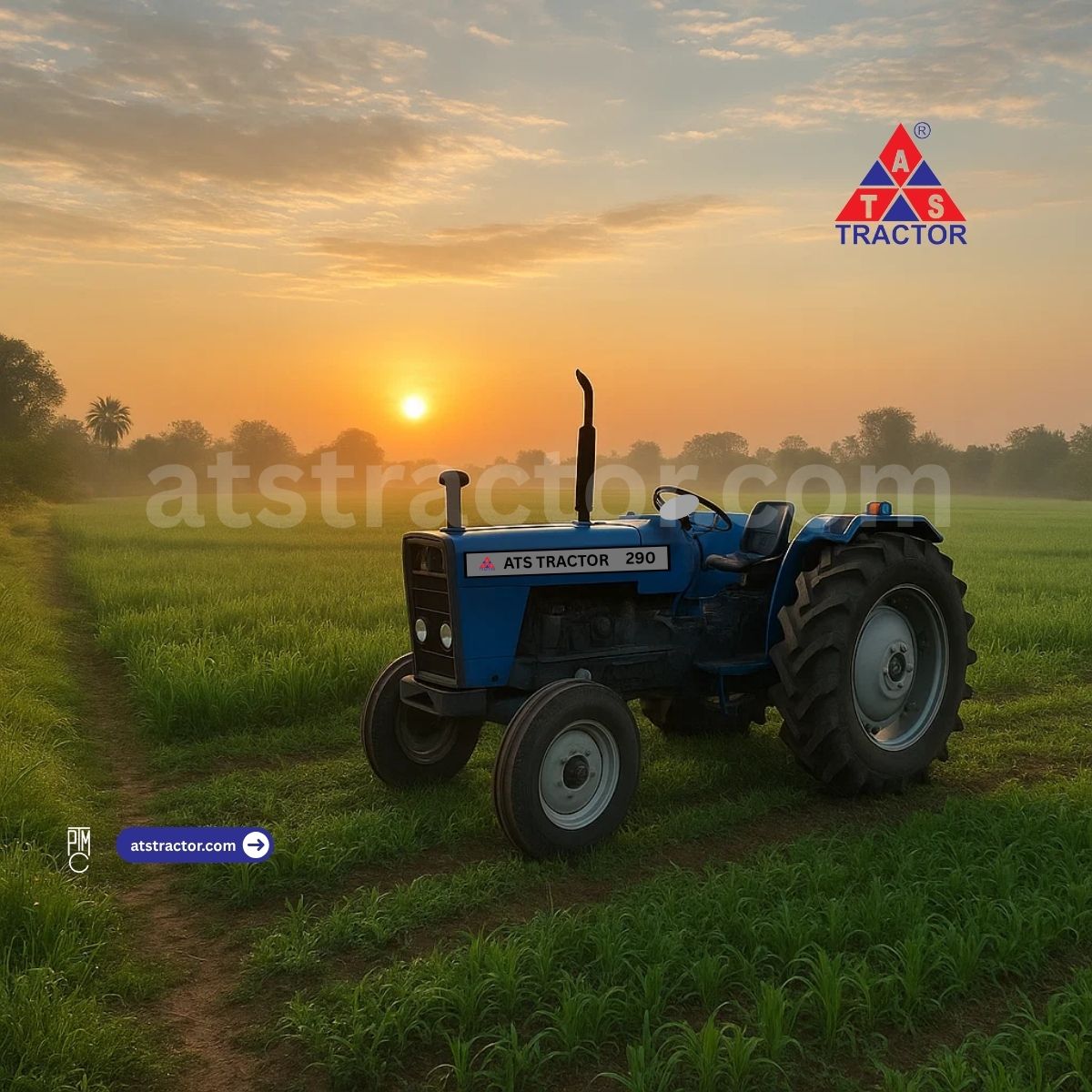ATS Tractor 290 in lush green agricultural field during golden hour sunset, showcasing ideal farming applications and rural agricultural operations