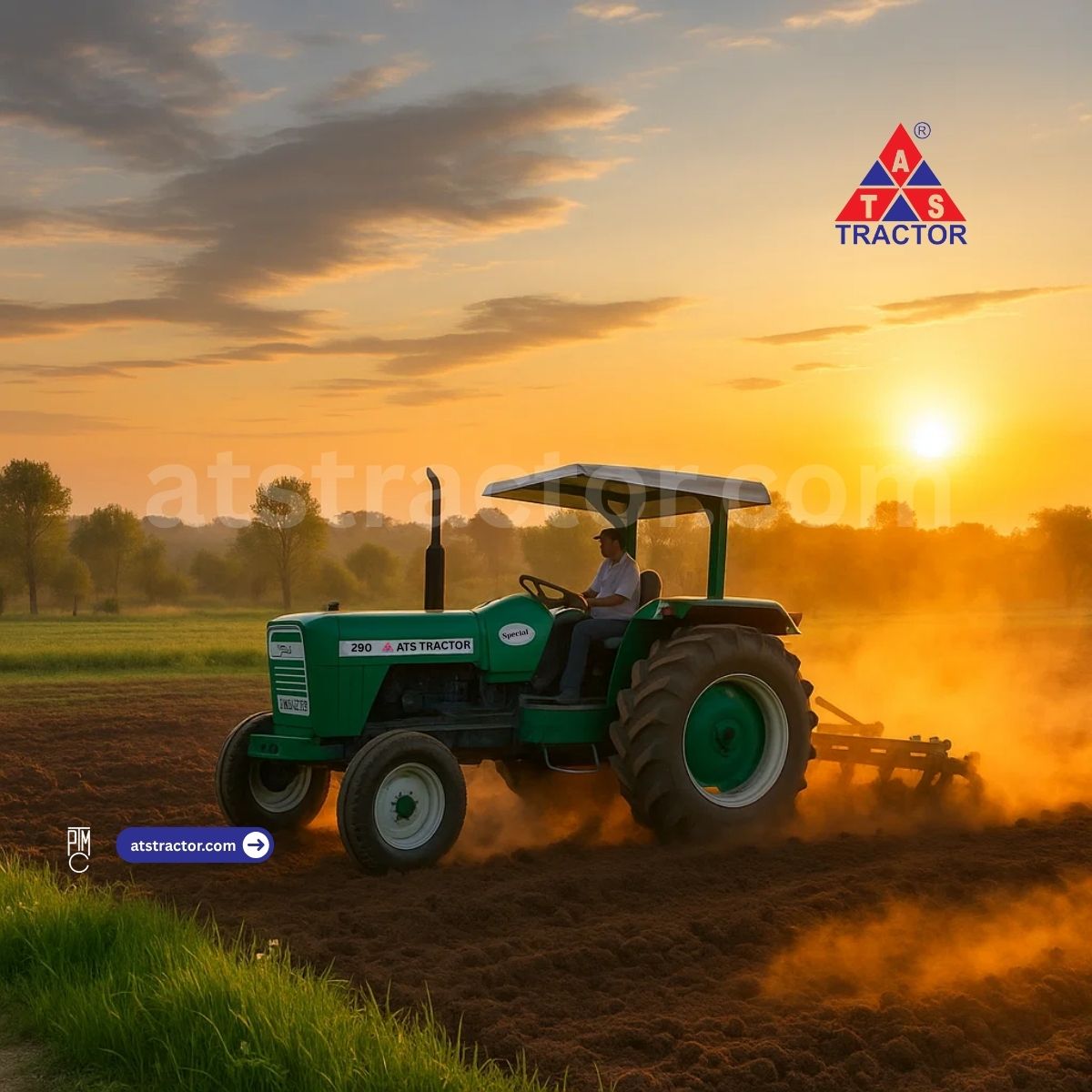 ATS Tractor 290 Special working in Pakistani agricultural fields during golden hour sunset with farmer operating the green tractor