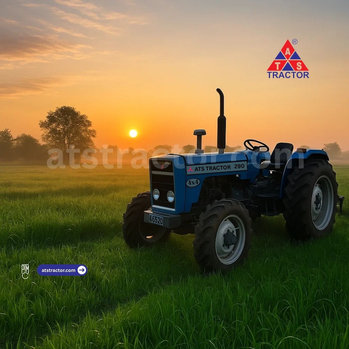 ATS Tractor 290 4x4 positioned in lush green agricultural fields during golden hour, showcasing the 4WD model with clear branding and 4x4 marking in its ideal farming environment